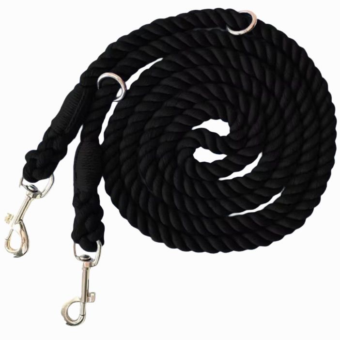 Black Heavy-duty braided rope dog lead with adjustable metal rings and two heavy-duty clips