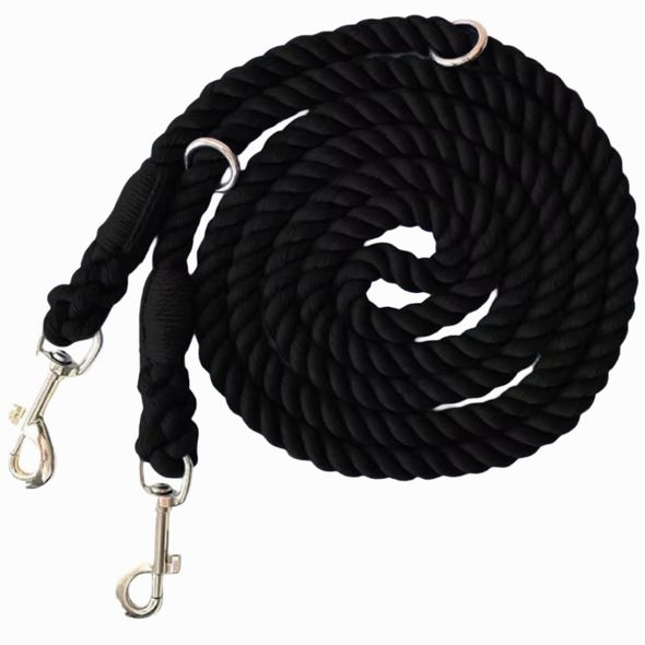 Black Heavy-duty braided rope dog lead with adjustable metal rings and two heavy-duty clips