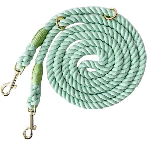Mint Green Heavy-duty braided rope dog leash with adjustable metal rings and two heavy-duty clips