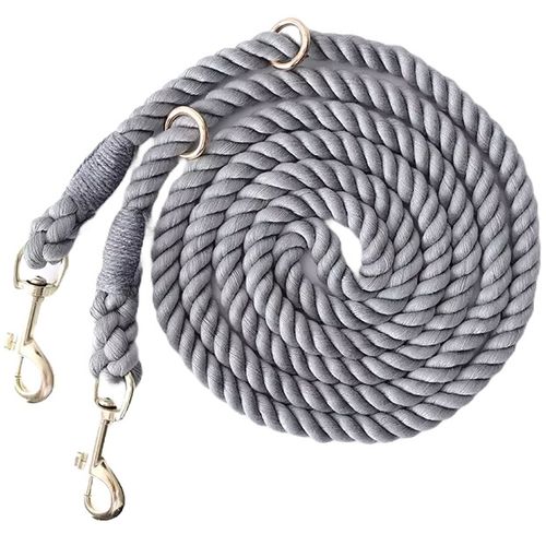 Gray Heavy-duty braided rope dog leash with adjustable metal rings and two heavy-duty clips