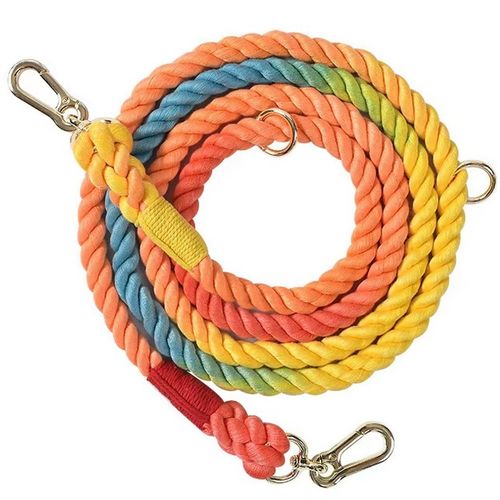 Rainbow Heavy-duty braided rope dog leash with adjustable metal rings and two heavy-duty clips