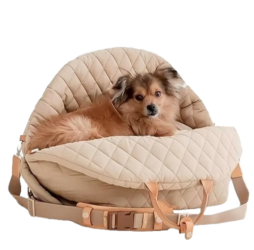 Convertible 3-in-1 dog travel bag in a quilted padded design, used as a pet carrier, car seat, or travel bed with reinforced handles and shoulder strap.