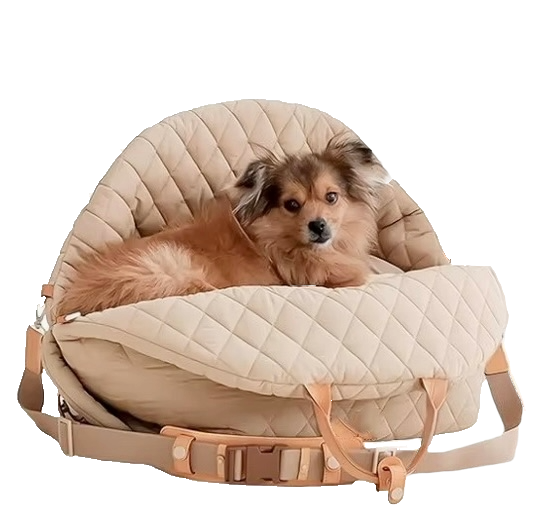 Convertible 3-in-1 dog travel bag in a quilted padded design, used as a pet carrier, car seat, or travel bed with reinforced handles and shoulder strap.